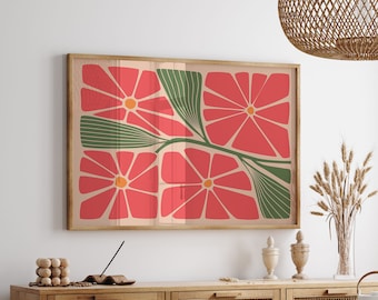 Horizontal Botanical Print, Red Minimalist Print, Horizontal Print, Boho Wall Art, Matisse Print, Flower Market Print, Digital Download