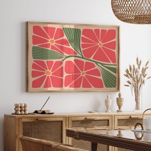 Horizontal Botanical Print, Red Minimalist Print, Horizontal Print, Boho Wall Art, Matisse Print, Flower Market Print, Digital Download