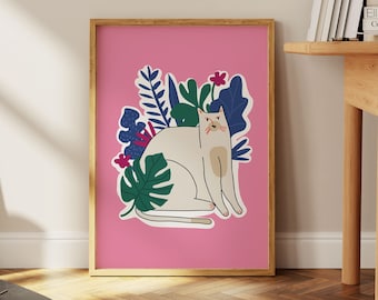 Lámina artística de gato original, fondo rosa, boceto de gato (descarga digital)