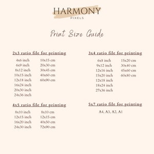 May include: A print size guide for digital art prints, showing different aspect ratios and corresponding sizes in inches and centimeters. The guide includes 2x3, 3x4, 4x5, and 5x7 aspect ratios.