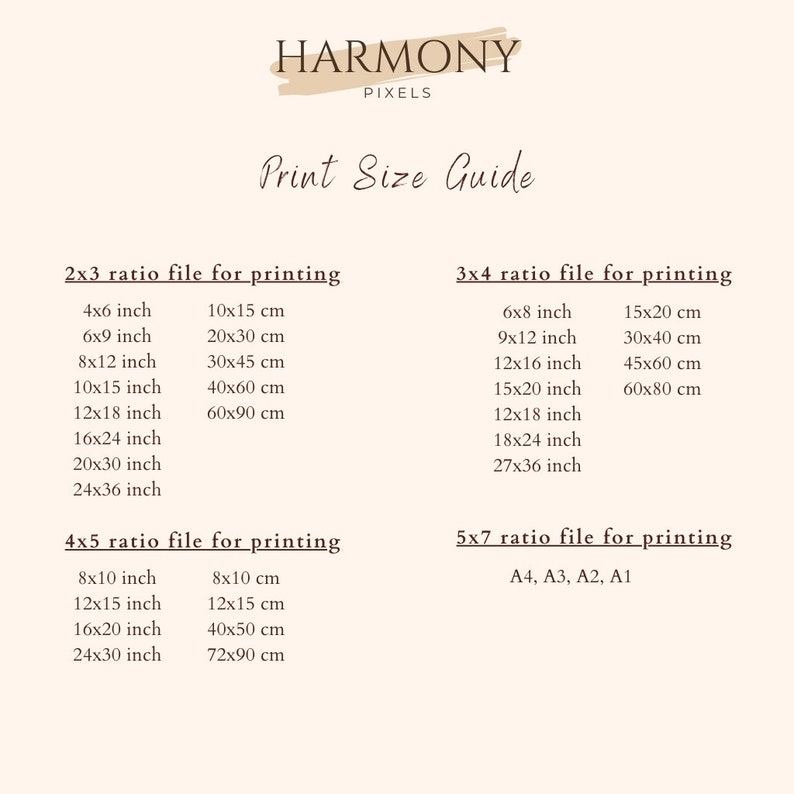 May include: A print size guide for digital art prints, showing different aspect ratios and corresponding sizes in inches and centimeters. The guide includes 2x3, 3x4, 4x5, and 5x7 aspect ratios.