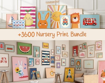 May include: A collection of framed nursery art prints featuring colorful illustrations of animals, fruits, vehicles, and positive messages. The prints are displayed on a wall and shelf, creating a cheerful and playful atmosphere. The text "+3600 Nursery Print Bundle" is visible.