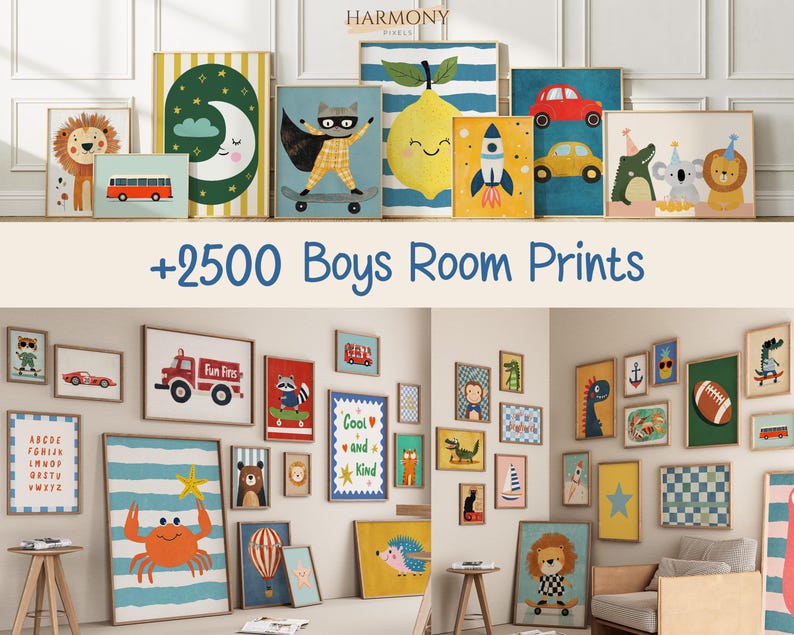 May include: A collection of framed art prints for a boy's room, featuring various illustrations of animals, vehicles, and celestial bodies. The prints are in different sizes and styles, with a variety of colors and patterns. Text on the image reads "+2500 Boys Room Prints."