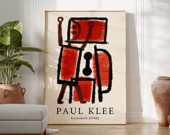 Puede incluir: Un póster vintage con una pintura abstracta de Paul Klee titulada "Locksmith (1940)". La pintura es en rojo, negro y blanco y representa una figura estilizada.