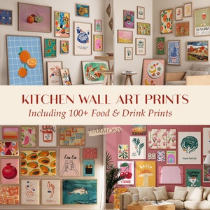 May include: A collection of framed wall art prints featuring food and drink illustrations. The prints are arranged in a grid pattern on a pink wall. The prints include images of fruit, vegetables, coffee, wine, and other food and drink items. The text "KITCHEN WALL ART PRINTS" and "Including 100+ Food & Drink Prints" is displayed in the center of the image.