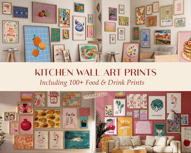 May include: A collection of framed wall art prints featuring food and drink illustrations. The prints are arranged in a grid pattern on a pink wall. The prints include images of fruit, vegetables, coffee, wine, and other food and drink items. The text "KITCHEN WALL ART PRINTS" and "Including 100+ Food & Drink Prints" is displayed in the center of the image.