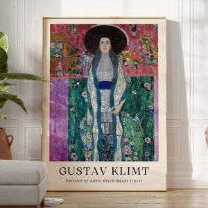 May include: A poster featuring a painting by Gustav Klimt titled "Portrait of Adele Bloch-Bauer (1912)". The painting depicts a woman in a white dress with a blue sash, standing against a background of vibrant colors and floral patterns.