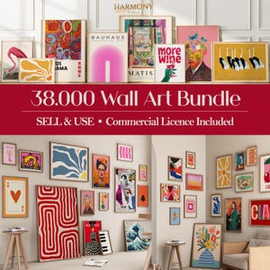 Puede incluir: Una colección de arte mural enmarcado en varios tamaños y estilos, incluyendo diseños abstractos, retratos y paisajes. El arte presenta una gama de colores y temas, con algunas piezas que muestran texto. La imagen también incluye el texto "38.000 Wall Art Bundle".