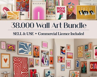 May include: A collection of framed wall art in various sizes and styles, including abstract designs, botanical prints, and portraits. The art pieces are displayed on a white wall, creating a gallery-like atmosphere. The text "38.000 Wall Art Bundle" is visible.