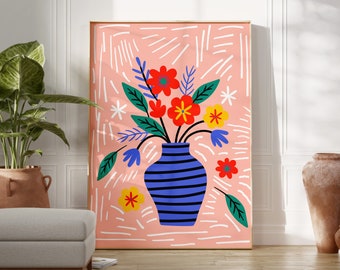 Flower Vase Art Print, Colorful Botanical Poster (Digital Download)