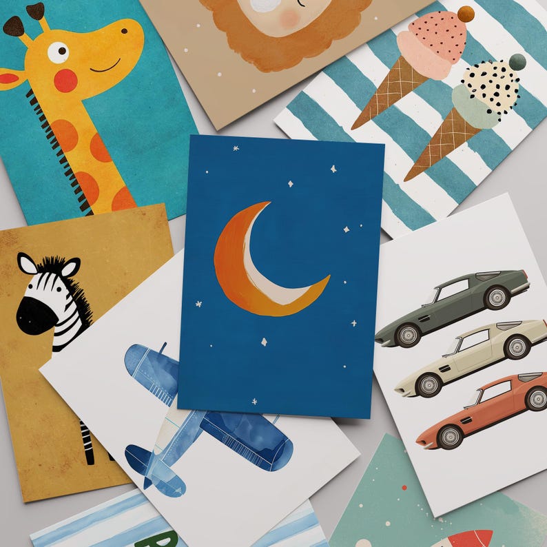 May include: A collection of illustrated cards featuring various designs. The cards showcase a giraffe, zebra, lion, airplane, ice cream cones, cars, and a crescent moon with stars. The color palette includes blue, orange, yellow, and brown.