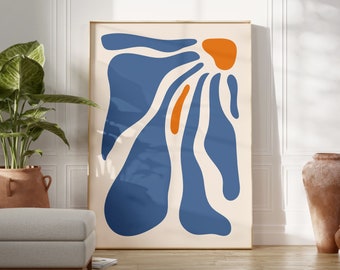 May include: Abstract art print featuring a blue and orange design. The print has a modern, minimalist style and would look great in a living room or bedroom.