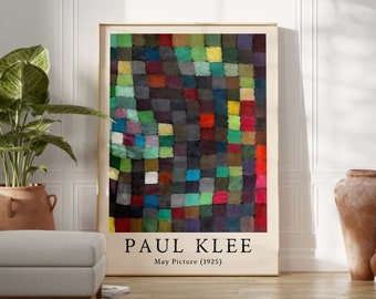 Puede incluir: Una pintura abstracta colorida de Paul Klee titulada "May Picture (1925)". La pintura está compuesta por pequeños cuadrados de diferentes colores, incluyendo rojo, verde, azul, amarillo y negro.