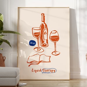May include: A digital illustration of a wine bottle and two wine glasses with the text "Wine" and "Liquid Therapy" on a beige background.