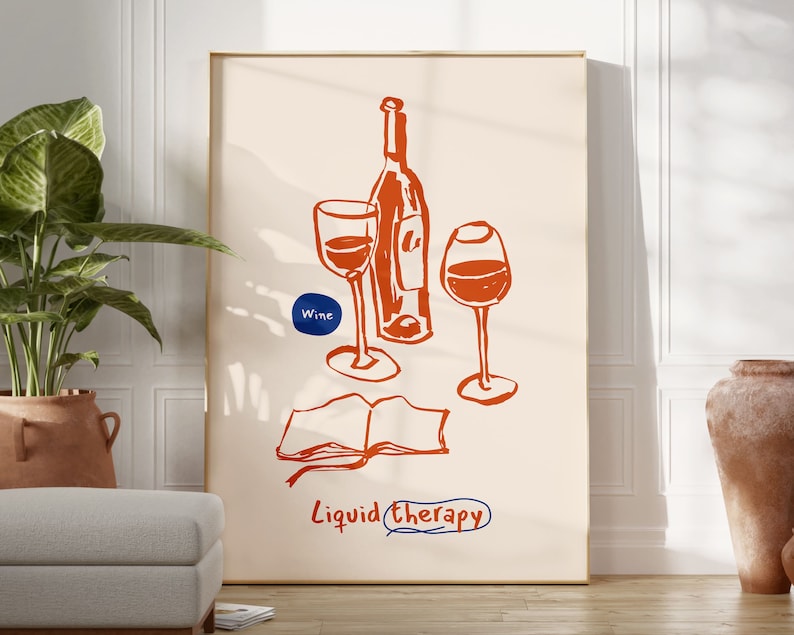 May include: A digital illustration of a wine bottle and two wine glasses with the text "Wine" and "Liquid Therapy" on a beige background.