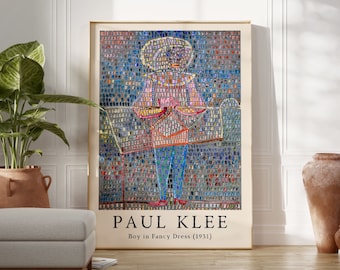 May include: A poster featuring a colorful mosaic artwork of a person in a fancy dress. The artwork is by Paul Klee and titled "Boy in Fancy Dress (1951)".