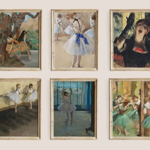 May include: Six framed paintings of dancers in various poses. The paintings are in a pastel color palette with shades of pink, blue, green, and yellow. The dancers are wearing white and green tutus.