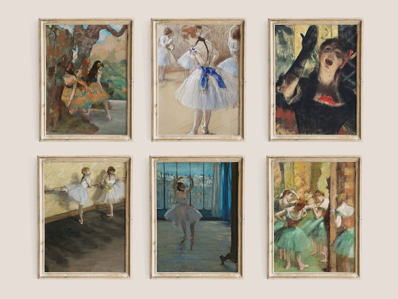 May include: Six framed paintings of dancers in various poses. The paintings are in a pastel color palette with shades of pink, blue, green, and yellow. The dancers are wearing white and green tutus.