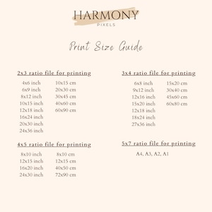 May include: A print size guide for digital art prints, showing different aspect ratios and corresponding sizes in inches and centimeters. The guide includes 2x3, 3x4, 4x5, and 5x7 aspect ratios.