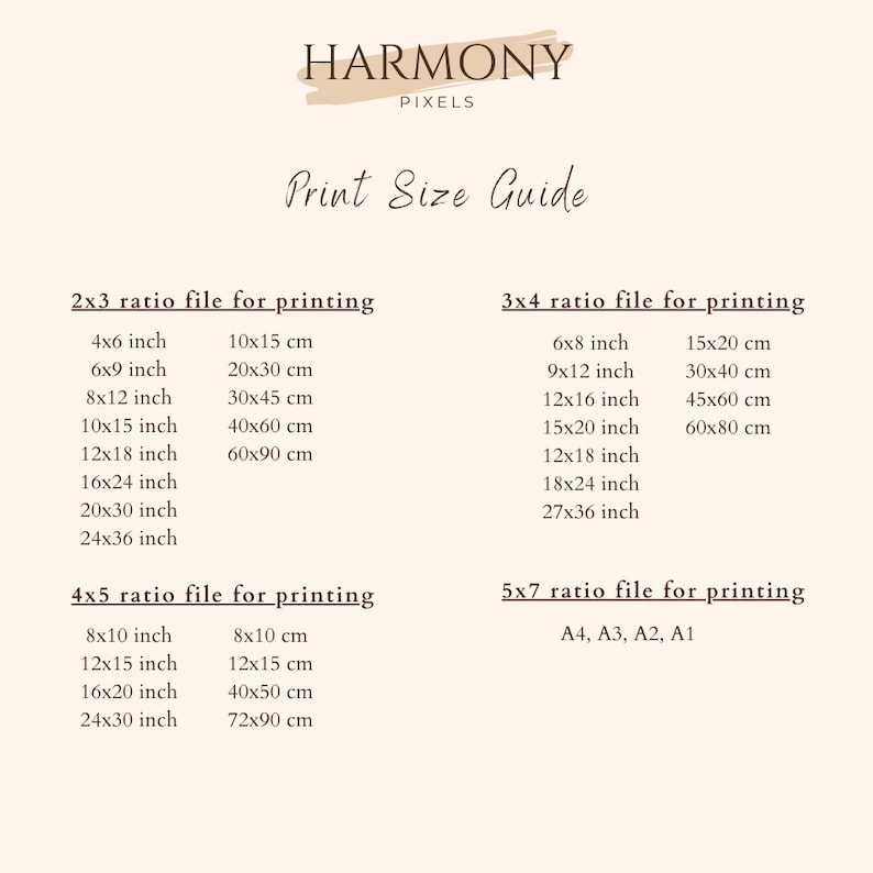 May include: A print size guide for digital art prints, showing different aspect ratios and corresponding sizes in inches and centimeters. The guide includes 2x3, 3x4, 4x5, and 5x7 aspect ratios.