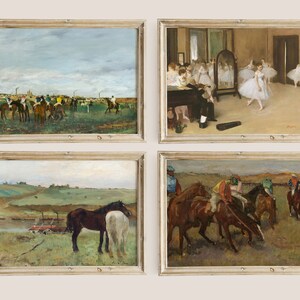 May include: A set of four framed paintings depicting scenes of horses. The top left painting shows a horse race with jockeys in colorful uniforms. The top right painting shows a ballet class with dancers in white tutus. The bottom left painting shows two horses grazing in a field. The bottom right painting shows a group of horses and jockeys in a field.