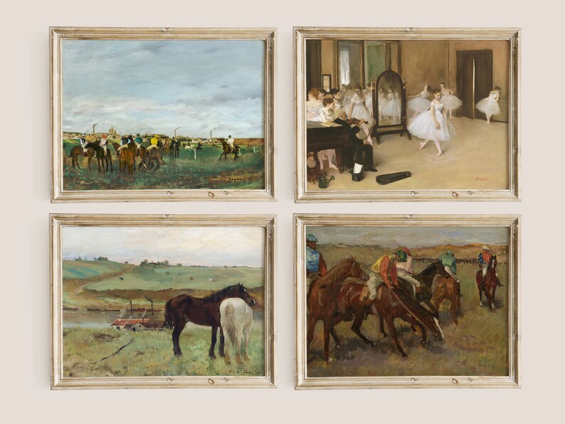 May include: A set of four framed paintings depicting scenes of horses. The top left painting shows a horse race with jockeys in colorful uniforms. The top right painting shows a ballet class with dancers in white tutus. The bottom left painting shows two horses grazing in a field. The bottom right painting shows a group of horses and jockeys in a field.