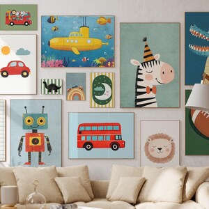 May include: A collection of framed art prints featuring whimsical illustrations. The artwork includes a red double-decker bus, a yellow submarine, a zebra with a party hat, a robot, and a friendly lion. The color palette is bright and playful.