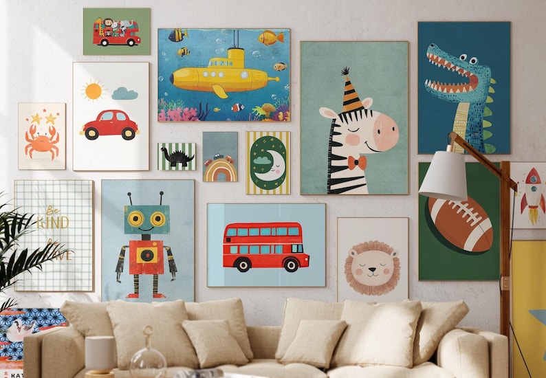 May include: A collection of framed art prints featuring whimsical illustrations. The artwork includes a red double-decker bus, a yellow submarine, a zebra with a party hat, a robot, and a friendly lion. The color palette is bright and playful.