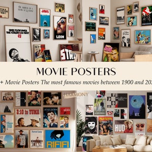May include: A wall filled with movie posters in a living room setting. The posters are framed and feature iconic movie titles such as "Jaws", "One Flew Over the Cuckoo's Nest", "Leon", "Rocky", "Pulp Fiction", "E.T.", "Forrest Gump", "Good, Bad and Ugly", and "Rififi". The text "MOVIE POSTERS" and "3500+ Movie Posters The most famous movies between 1900 and 2024" is displayed below the posters.