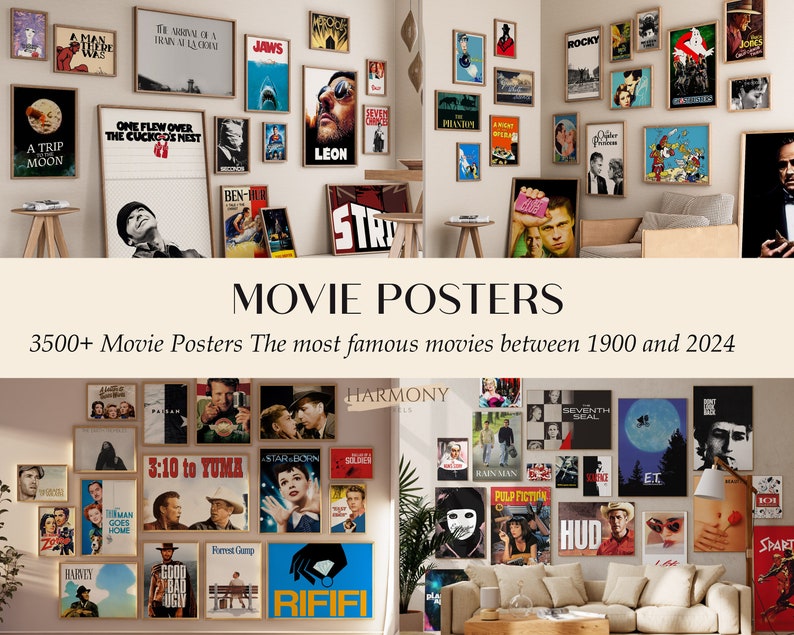 May include: A wall filled with movie posters in a living room setting. The posters are framed and feature iconic movie titles such as "Jaws", "One Flew Over the Cuckoo's Nest", "Leon", "Rocky", "Pulp Fiction", "E.T.", "Forrest Gump", "Good, Bad and Ugly", and "Rififi". The text "MOVIE POSTERS" and "3500+ Movie Posters The most famous movies between 1900 and 2024" is displayed below the posters.