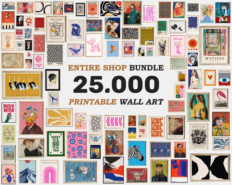 May include: A collage of 100 printable wall art prints in various styles and colors. The prints are arranged in a grid pattern and feature abstract designs, geometric shapes, floral motifs, and more. The text "ENTIRE SHOP BUNDLE 25.000 PRINTABLE WALL ART" is displayed in the center of the image.