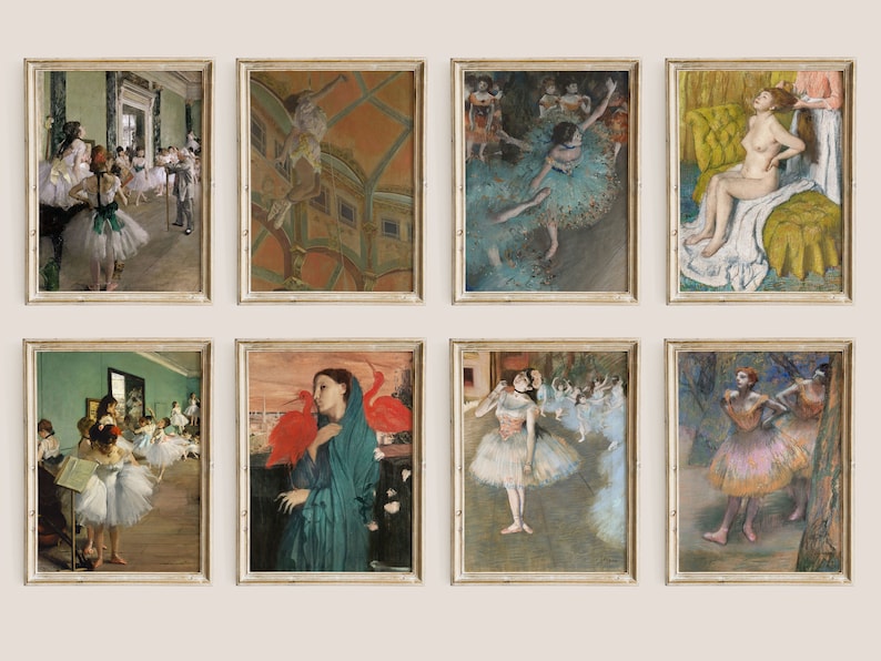May include: A set of 6 framed art prints featuring paintings of dancers in various poses. The prints are in a light wood frame with a white mat. The paintings are in a variety of styles, including impressionistic and realistic.