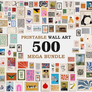 Pode incluir: Uma colagem de 500 imagens de arte de parede imprim&iacute;veis. As imagens s&atilde;o de v&aacute;rios estilos, incluindo abstrato, geom&eacute;trico e figurativo. O texto "Printable Wall Art 500 Mega Bundle" &eacute; exibido no centro da imagem.