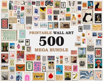 May include: A collage of 500 printable wall art images. The images are in a variety of styles, including abstract, geometric, and figurative. The text "Printable Wall Art 500 Mega Bundle" is displayed in the center of the image.