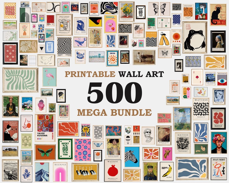 Pode incluir: Uma colagem de 500 imagens de arte de parede imprim&iacute;veis. As imagens s&atilde;o de v&aacute;rios estilos, incluindo abstrato, geom&eacute;trico e figurativo. O texto "Printable Wall Art 500 Mega Bundle" &eacute; exibido no centro da imagem.