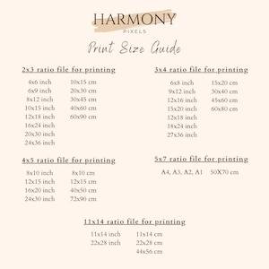 May include: A print size guide for digital files, showing different aspect ratios and corresponding measurements in inches and centimeters. The guide includes 2x3, 3x4, 4x5, 5x7, and 11x14 aspect ratios.