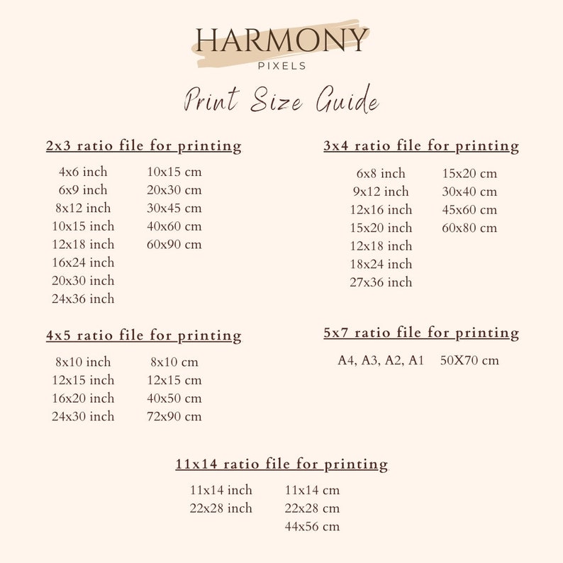May include: A print size guide for digital files, showing different aspect ratios and corresponding measurements in inches and centimeters. The guide includes 2x3, 3x4, 4x5, 5x7, and 11x14 aspect ratios.