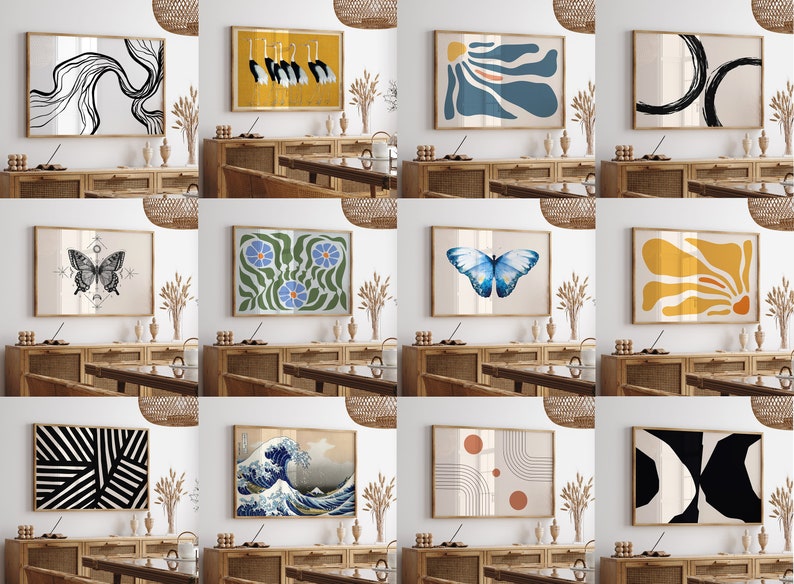 Pode incluir: Uma colagem de 10 diferentes impress&otilde;es de arte abstrata em v&aacute;rios estilos e cores. As impress&otilde;es s&atilde;o emolduradas e exibidas em uma parede em um ambiente moderno de casa.