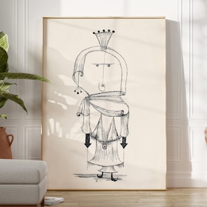 Puede incluir: Un dibujo en blanco y negro de una persona con una corona en la cabeza. La persona lleva una larga túnica fluida y tiene una expresión seria en su rostro.