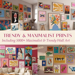 May include: A collection of colorful and trendy wall art prints featuring various designs, including abstract shapes, flowers, animals, and text. The prints are arranged in a gallery wall style, creating a maximalist and vibrant aesthetic.