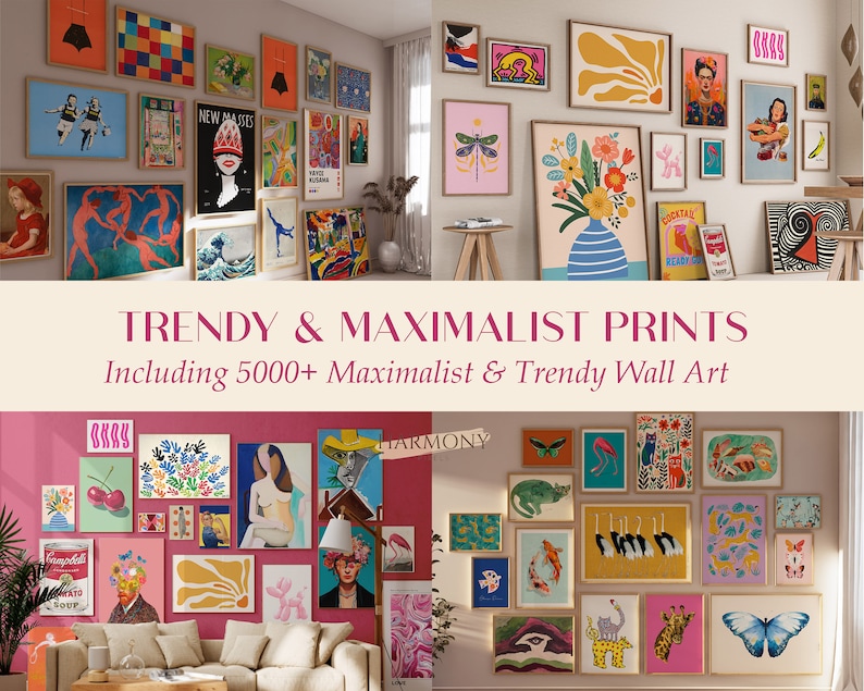 May include: A collection of colorful and trendy wall art prints featuring various designs, including abstract shapes, flowers, animals, and text. The prints are arranged in a gallery wall style, creating a maximalist and vibrant aesthetic.