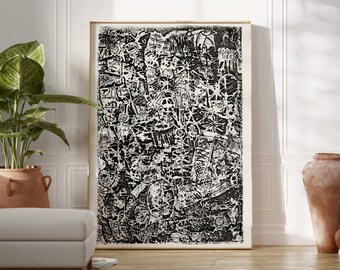 May include: Black and white abstract art print with a textured, layered design. The print features a variety of shapes and lines, creating a dynamic and visually interesting composition.