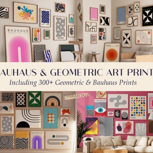 May include: A collection of geometric and Bauhaus art prints in various colors and patterns, including black and white, red, blue, green, and yellow. The prints are arranged in a grid pattern on a wall, with some prints featuring text such as "BAUHAUS" and "HARMONY".