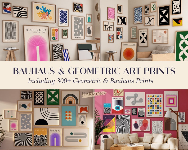 May include: A collection of geometric and Bauhaus art prints in various colors and patterns, including black and white, red, blue, green, and yellow. The prints are arranged in a grid pattern on a wall, with some prints featuring text such as "BAUHAUS" and "HARMONY".