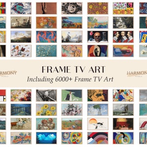 May include: A collage of framed artwork featuring a variety of styles and subjects, including abstract, landscape, and portrait paintings. The artwork is displayed in a grid format with a title that reads "FRAME TV ART Including 6000+ Frame TV Art" and the logo "HARMONY PIXELS".