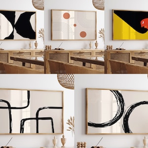 May include: Five abstract art prints in black, white, and beige frames. The prints feature geometric shapes, lines, and brushstrokes.