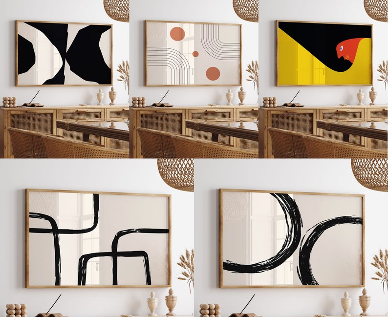 May include: Five abstract art prints in black, white, and beige frames. The prints feature geometric shapes, lines, and brushstrokes.