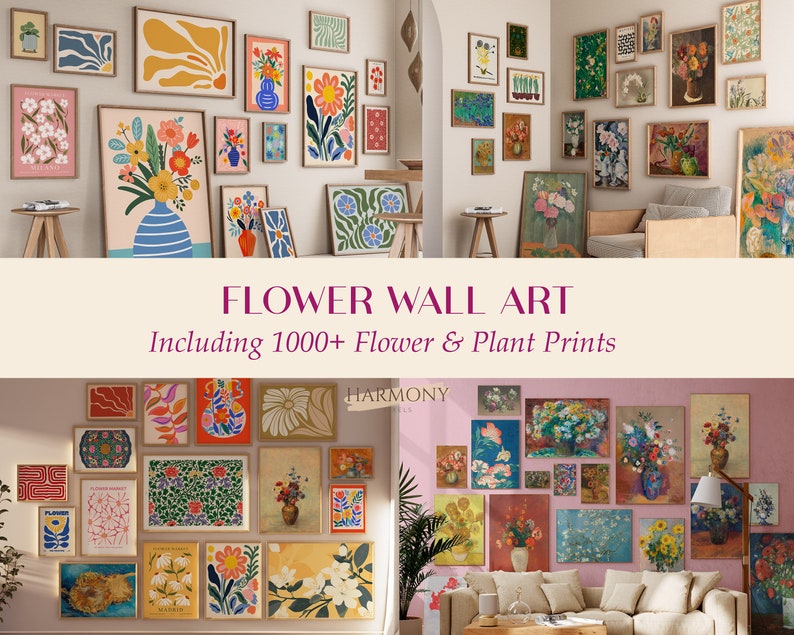 May include: A collection of framed flower and plant prints in various styles and colors, arranged on two walls in a living room setting. The text "FLOWER WALL ART" and "Including 1000+ Flower & Plant Prints" is displayed in the center of the image.