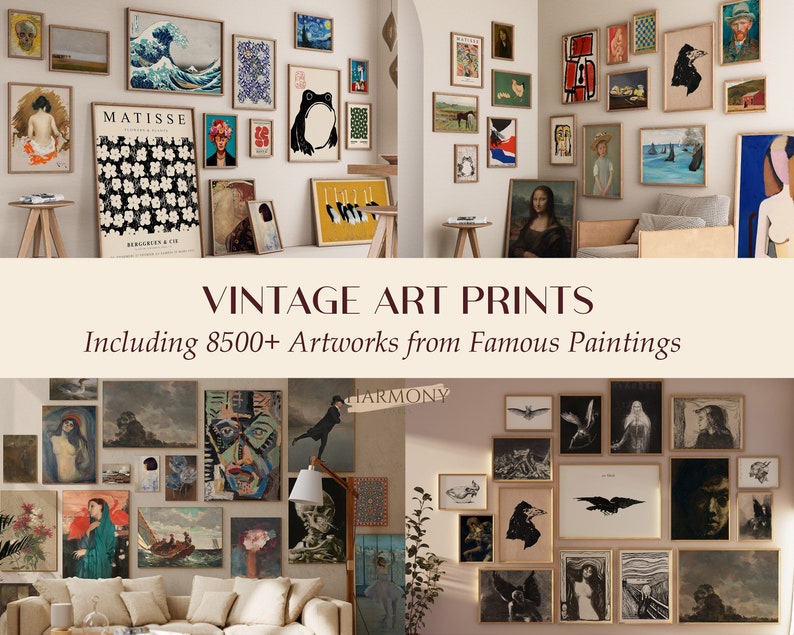 May include: A collage of vintage art prints featuring famous paintings, including a wave, a frog, a woman with a hat, and a Mona Lisa. The text "Vintage Art Prints" and "Including 8500+ Artworks from Famous Paintings" is displayed on a beige background.