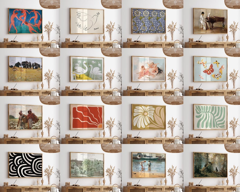 Pode incluir: Uma colagem de 10 estampas emolduradas expostas em uma prateleira de madeira. As estampas apresentam uma variedade de estilos, incluindo designs abstratos, figurativos e florais. Algumas das estampas s&atilde;o coloridas, enquanto outras s&atilde;o em preto e branco.